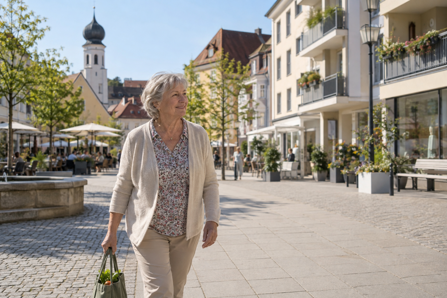 Eine ältere Frau spaziert durch einen bayerischen Ortskern nahe einer Wohnung